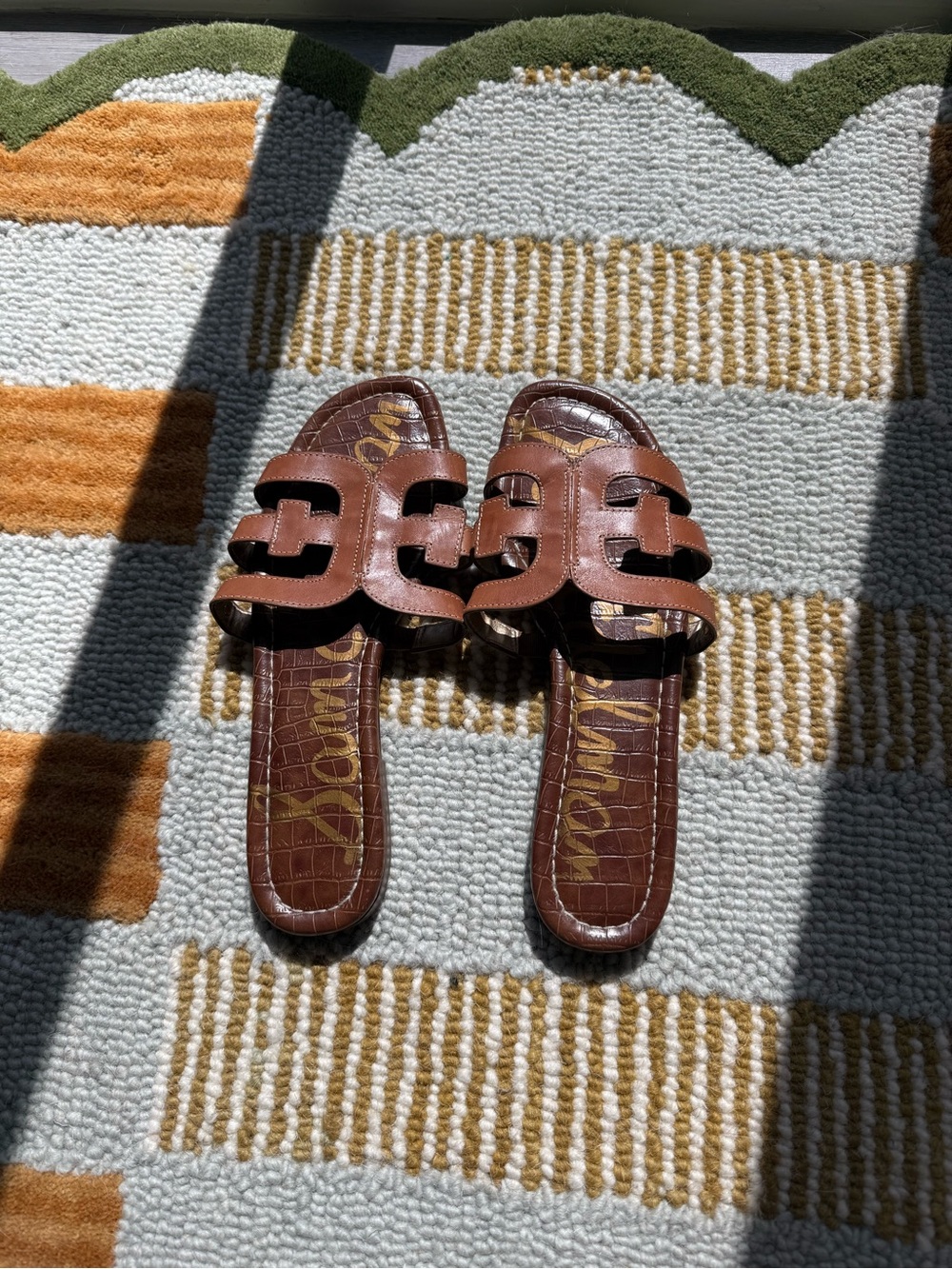 Sam Edelman Brown Leather Slide Sandals with Cutout Strap